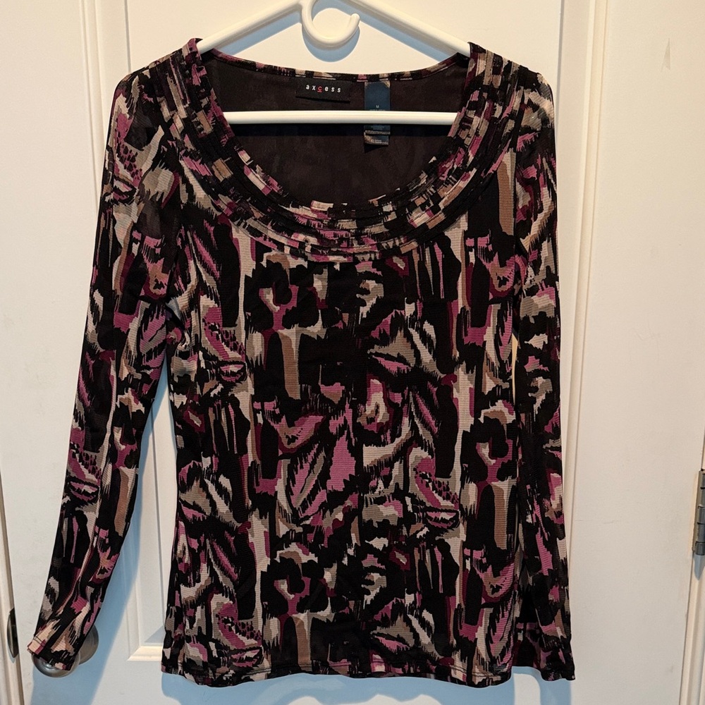 Axcess Black, Pink & Tan Abstract Scoop-Neck Long Sleeve Tee